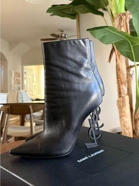 Saint Laurent Black Leather Opyum Logo Heel Ankle Boots
